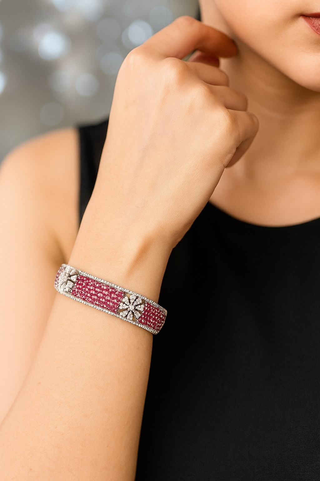 Ruby Stone & Diamond Floral Openable Bracelet